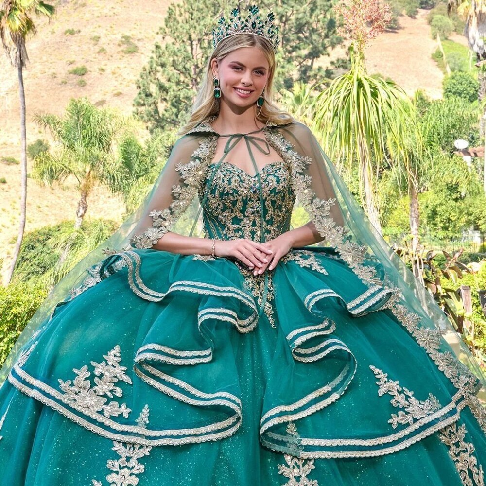 New Green Off The Shoulder Quinceanera Gown w/ Gold Lace & Back Bow GL3671